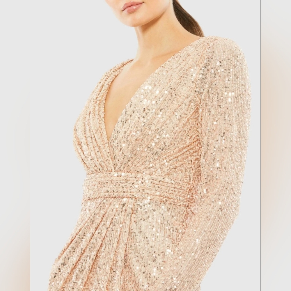 NWT Size 16 Mac Duggal Rose Gold Sequined Long Sleeve Midi Dress